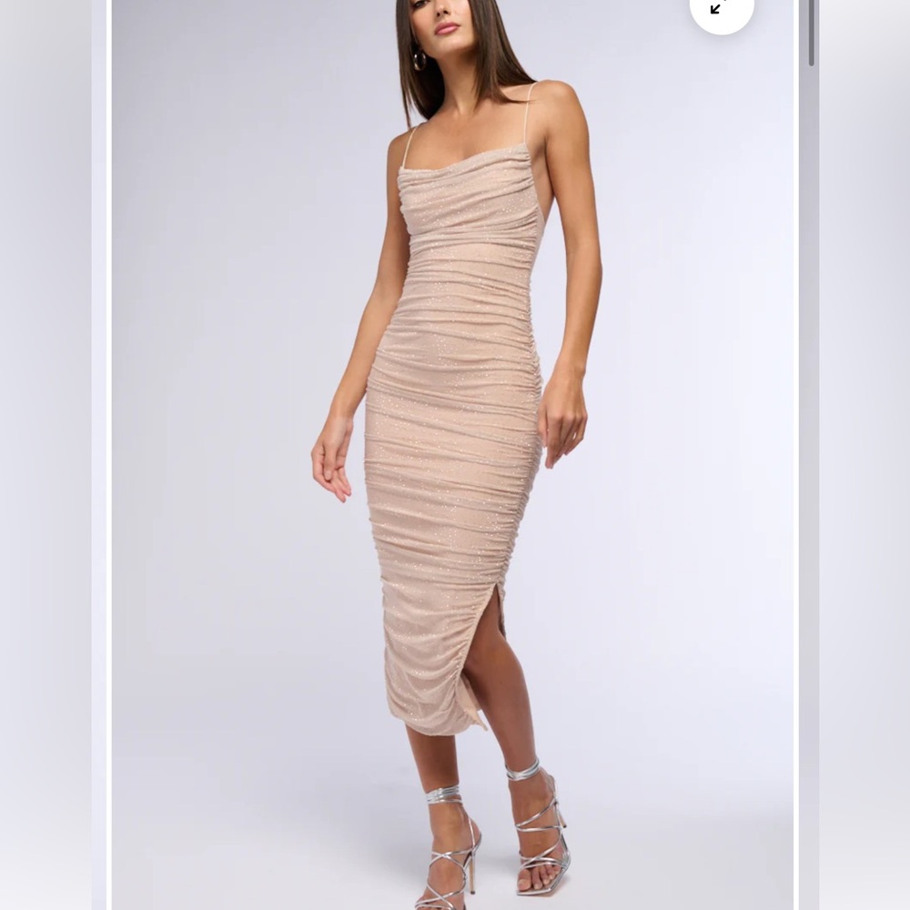 Akira Large Beige Ruched Midi Dress Cocktail Rhinestone Nude Sparkle
